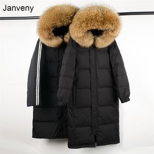 Janveny 큰 진짜 너구리 모피 칼라 여성 겨울 90 % 오리 아래로 재킷 여성 느슨한 두꺼운 긴 깃털 코트 플러스 크기 211108