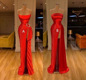 Seksi Arapça Kırmızı Denizkızı Prom Elbiseler Yüksek Boyun Uzun Kollu Akşam Elbisesi Yüksek Yan Bölünmüş Resmi Parti Nedime Elbise