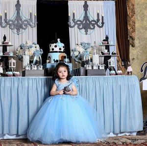 Lovely Blue Floor Długość Kid Urodziny Dresses Jewel Neck Koronki Bez Rękawów Aplikacje Satin Baby Girls Prom Suknia na ślub