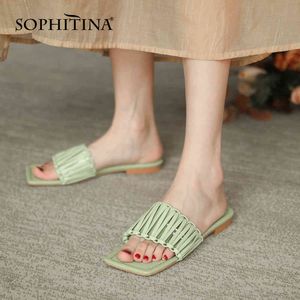 Sophitinaの女性のスリッパファッション甘い夏の正方形のつま先の革のスリッパ快適さweave屋外紫色のカジュアルレディーシューズAO861 210513