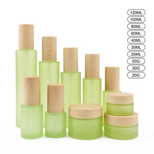 20ml 30ml 40ml 60ml 80ml 100ml 120ml Green Frosted Glass Cream Jar Cosmetic Bottles Mist Spray Lotion Pump Bottle with Imitated Wooden Lids Caps