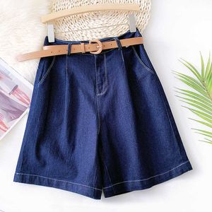 Surmiitro Summer Fashion Denimショーツ女性韓国スタイルブルーハイウエストワイドレッグショートパンツジーンズ女性ベルト210712