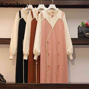 Korobov Elegant Ruffled Collar Long Sleeve Women Dress Korean Hit Color Patchwork Double Breasted Dresses Vestidos 79605 210430