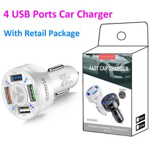 7a Billaddare 4 Portar USB Universal Snabb Laddning QC3.0 Cigarettändare med Retail Box för mobiltelefonladdare Adapter