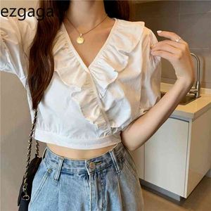 Ezgaga babados coreano moda mulheres blusa v-pescoço de manga curta verão chique sólido solitário branco camisas casuais colheita tops 210430