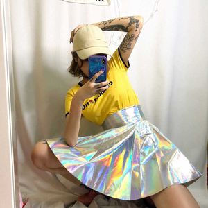 PU Harajuku Laser Hip Hop Ball Gown Preppy Style Knee-Length Empire Short Skirt Large Size Cute Japan 210608