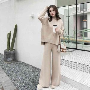 The drape knitting wide-legged pants suit two-piece women winter cashmere sweater western style suits 210520