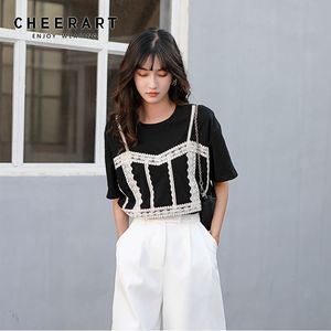 Patchwork Preto Lace T Camiseta Mulheres Coreano Camiseta Verão Manga Curta Top Designer Tee Roupas 210427