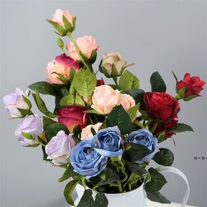 3 Köpfe künstliche Rosenblüten im Retro-Stil, einzelner Stiel, realistische gefälschte Rosen, DIY-Blumen für Zuhause, Büro, Party-Dekoration, RRA11205