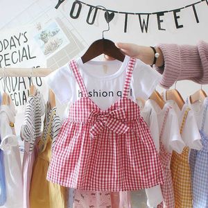 Dzieci Summer Girls Sukienka Cute Plaid Fałszywy Dwa kawałek Downing Krótki Rękaw Suknie Księżniczka Dress Kids Sukienki Dla Dziewczyn 34 q0716