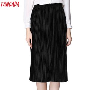 Tangada Velvet Pläterade kjolar Kvinnor Kvinna Vinter Mode Hög Midja Straight Midi Skirt School Black Vintage Casual Jupe 210609