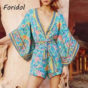 Casual Loose Wide Leg Rompers Women Summer Floral Print Boho Playsuit Overalls V Neck Sash Blue Short Jumpsuit 210427