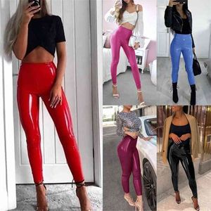 Kobiety Spodnie Wysokiej Talia Sexy Skórzane Legginsy Jesień Pu Skinny Stretch Ołówek Lateks Faux Pełna długość Damskie spodnie 210522