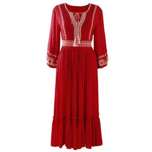 PERHAPS U Women Red O-neck Bow Bohemian Embroidery Long Sleeve Empire Beach Holiday Midi Dress Spring Summer Indie Folk D2437 210529