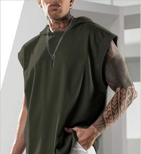 Men's Vests 2021 Fitness Cover Sports Leisure Europe And The United States Sleeveless Hooded Horse Clip Loose Short Sleeves