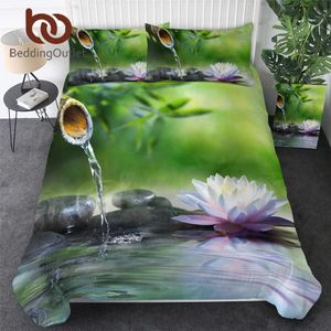 BeddingOutlet 3D Wydrukowana Pościel Zestaw Zen Ogród Duvet Pokrywa Kwiat Waterlily Lotus Kołdra 3szt Masaż Kamień Bedclothes 210615