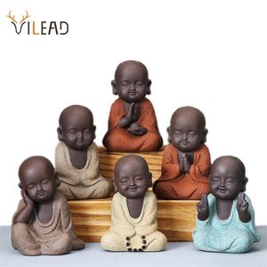 VILEAD Statue di Buddha in ceramica Mini monaco moderno Scultura Set da tè Statuetta Figurine in miniatura per accessori per la decorazione domestica 210827