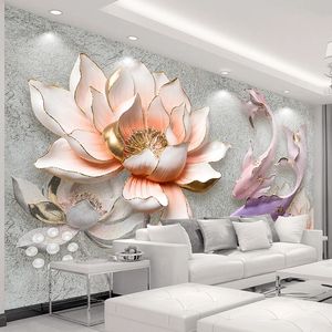Custom Photo Wallpaper 3D Stereo Embossed Lotus Fish Large Murals Modern Living Room Bedroom Backdrop Decor papel DE parede