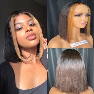 4x4 HD Lace Closure Wig Highlight Krótki Bob Ombre Proste Brazylijskie Remy Ludzkie Włosy Peruki