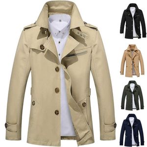 Casaco longo casaco longo moda casaco de moda casaco giro para baixo colarinho algodão cor sólida único breasted masculina windbreaker outfit 211011