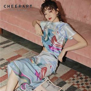 CheerArt Estetic Print High Waist Long Kirhirt Womens Summer Wrap Back Slit Fashion Ladies Bodycon 210708