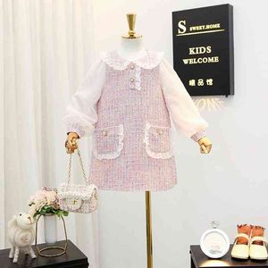 Cici Girl Boutique Tweed Plaid Dress for Kids Elegant Lace Ruffles Autunno Inverno Manicotto a sbuffo Princess Girls Year Clothes 210529