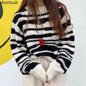 Zebra Pattern Knitted Pullover Sweater Women Full Sleeve O-neck Jumpers Korean Fashion Female Tops Femme 210513