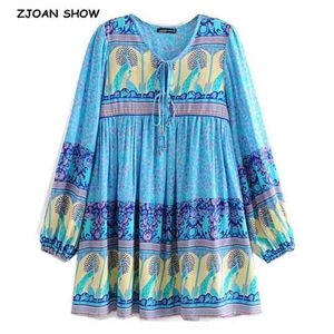 Bohemian Lace up V neck Location Floral Peacock Print Dress Ethnic Woman Tassel Long Sleeve Short Dresses Femme Vestido 210429