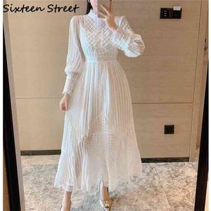 White Lace Stitching Stripe Dress For Woman O-neck Long Sleeve Spring And Autumn Elegant Vintage Party Vestidos Female 210603