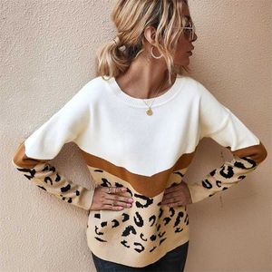 Mode leopard kvinnor tröja höst vinter damer o-neck full ärm casual jumper stickad kvinnlig överdimension pullovers 211120