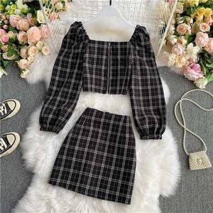 Plaid Dress Women 2 Two Piece Set Casual Krótkie Top Koszule + Mini Spódnica Dopasowania zestawy 211108