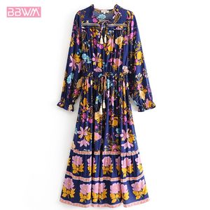 Bohemian Feminino Vestido Estilo étnico Verão Mulheres Longan Longan Imprimir Hollow Ruffled Manga Longa Dress Lazer 210507