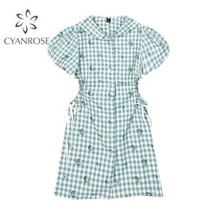 Green Plaid Dresses Women Summer Hollow Out High Waist Puff Sleeve Sailor Collar A-Line Fashion Sweet Dress Lady 210515