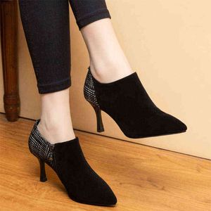 Dress Shoes Winter Women Bare Boots High heels Black Flock Ankle Boot Patchwork Booties Pointed Toe Dress Shoes Thin Heels Shoe 8537N 220309