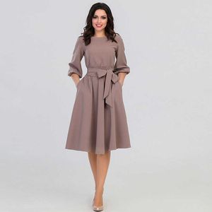 Spring Autumn Women Dress Solid Color High midja A-Line Midi Dresses Casual Puff Sleeve O-Neck Vintage Vestidos Femme 210528