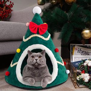 Kattbäddar möbler säng hus julgran form valp kennel tvättbar matta kattunge grotta vinter varmt husdjur för katter hundtillbehör