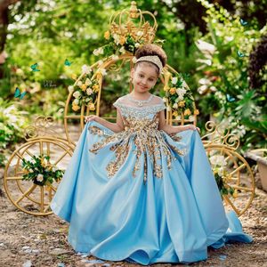 2021 Bonito Ouro Lantejoulas Lace Appliques Girls Pageant Vestidos Cristal Frisado Blue Cap Sleeves Crianças Vestido de Prom Vestido de Aniversário Vestidos para Little Girl Sweep Train