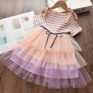 Summer Crew Neck Short Sleeve Tea-Length Cotton Stripe Lace Pullover Korean version Lovely Cake Princdrtz00141