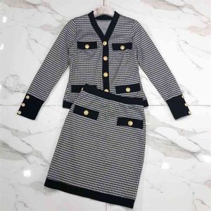 Autunno Vintage Plaid Coreano Sweat Suits Due Pezzi Donne Cardigan Lavorato A Maglia Cappotto + Gonne Aderenti Gonna Casual E Top 210514