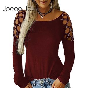 Jocoo Jolee Spring Hollow Out Langarmshirt Damen Tops und Blusen Plus Size Damen Tunika Rundhalsausschnitt Niet Plus Size Tops 210619