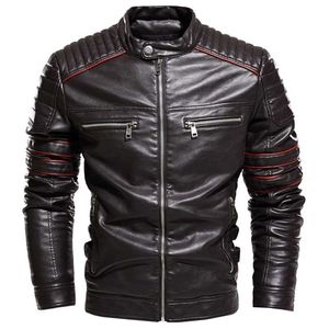 Män jacka kaffe läderjacka män motorcykeljacka mode streetwear biker coat slim passform höst vinter kappa män päls fodrad 211008