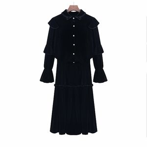 Women Two Pieces Set Shirt Top Midi Mid-calf Skirt Turn Down Collar Black Long Sleeve Velvet Ruffle Elegant T0288 210514