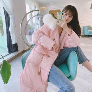 Horn Buckle Hooded White Duck Down Oversized Jacket Women's Long Thick Over The Knee Fashion Causal Winter Coat Female 210520