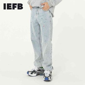IEFB 남자의 착용 제품 스플래시 페인트 블루 청바지 스트레이트 느슨한 빈티지 캐주얼 한국어 패션 데님 바지 남성 9Y4915 210524