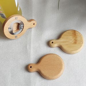 Party Favor Pan Shape Bamboo Wooden Bottle Opener with Handle Coaster Fridge Magnet Decoration Beer Bottle Opener Free Engrave Logo