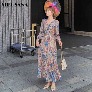 Autumn Vintage Women V-neck Floral Print Chiffon Dress Shirt Sleeve Elastic High Waist Female Ankle Length Dresses 210423