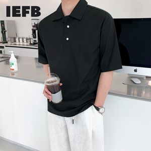 IEFB韓国ラペルポーロシャツルーズフィッティングサマーリネン半袖メンズ服トレンドプルオーバーティートップスブラックホワイト9Y7686 210524