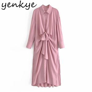 Spring Women Solid Knotted Shirt Dress Female Lapel Collar Sexy Side Slits Casual Long Maxi Plus Size Vestido 210514