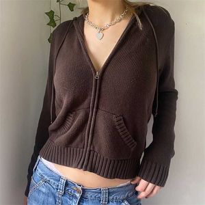 Vintage Brown Y2K Hooded Sweater Autumn Winter Lantern Sleeve Zip Up Jacket Cardigan Knitted Hoodies Cropped 211011
