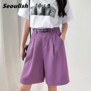 Seoulish Summer Women's Shorts With Belted Solid High Waist Office Wide Leg Shorts Elegant Lila Loose Byxor Ficka 210611